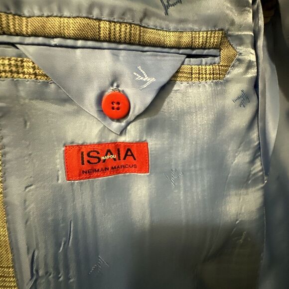 Isaia Sport Coat Mens 54EU/44US Cinnamon Green Sky Plaid AquaCashmere Blazer - Picture 10 of 14